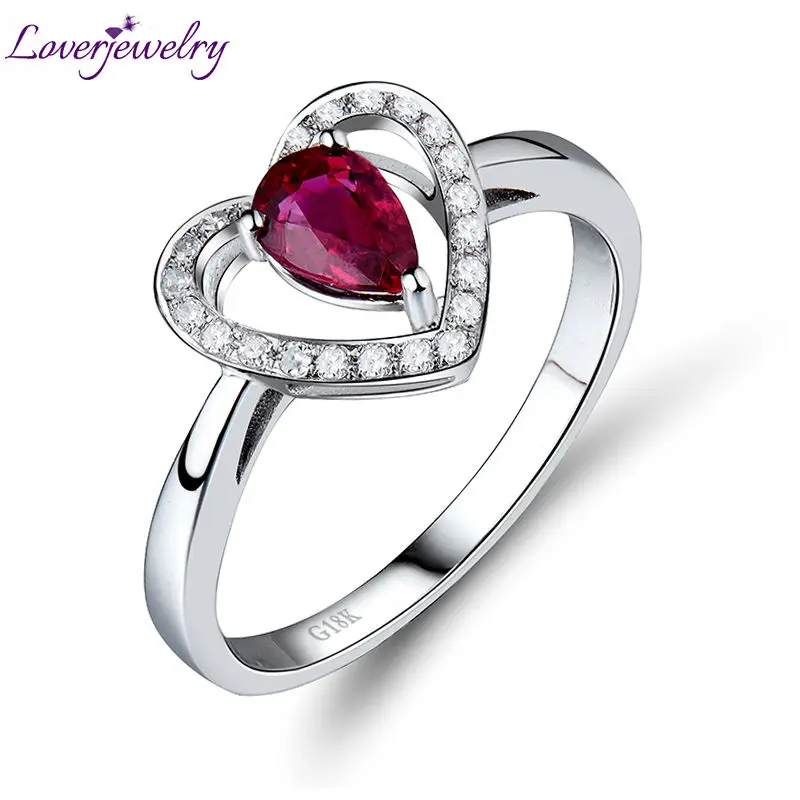 

LOVERJEWELRY Solid 18kt White Gold Natural Red Ruby Engagement Rings Diamond Gemstone Jewelry Love Design Ring Vintage for Women