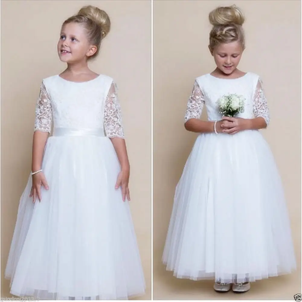White 2021 Flower Girl Dresses For Weddings Ball Gown half Sleeve Tulle Lace Long First Communion Dresses For Little Girls
White 2021 Flower Girl Dresses For Weddings Ball Gown half Sleeve Tulle Lace Long First Communion Dresses For Little Girls