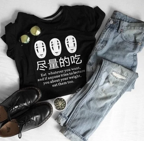 Модная шоу-JF No Face Man Eat What Ever You Want забавная футболка для женщин Kawaii японский аниме Графический Топ
Модная шоу-JF No Face Man Eat What Ever You Want забавная футболка для женщин Kawaii японский аниме Графический Топ