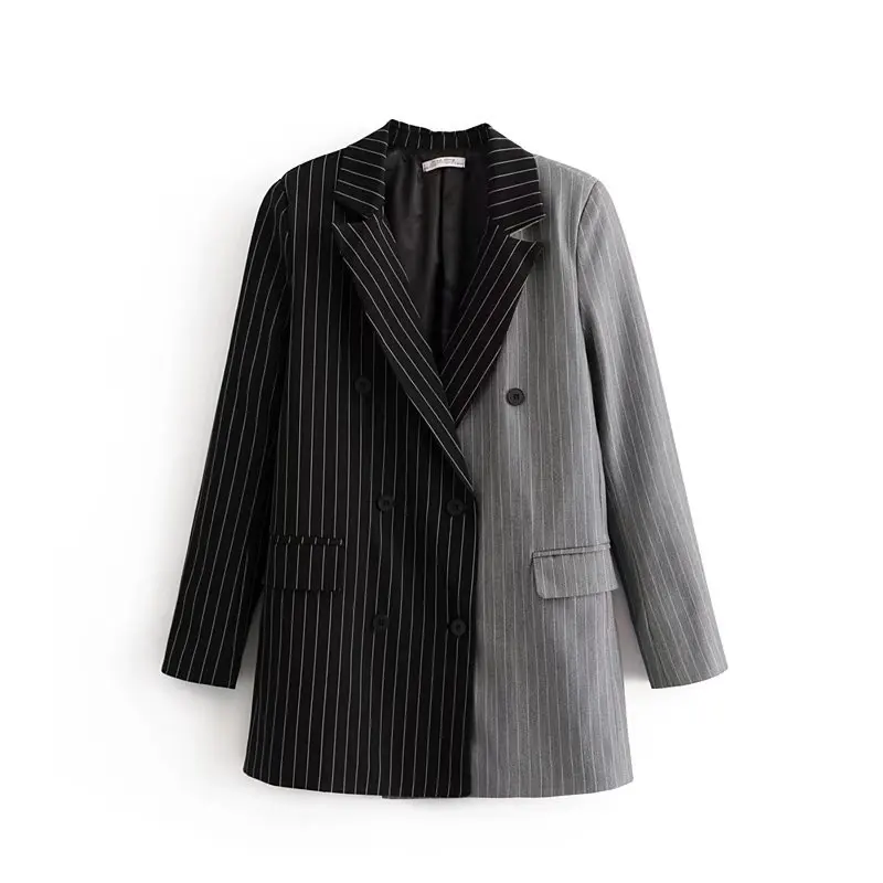 Женский блейзер куртка осень 2018 женский черный серый лоскутный полосатый
