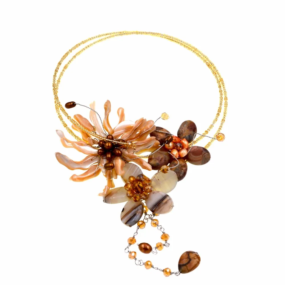 Светло коричневый ракушка Агаты жемчуг шампанское бисер ожерелье|seed bead necklace|bead