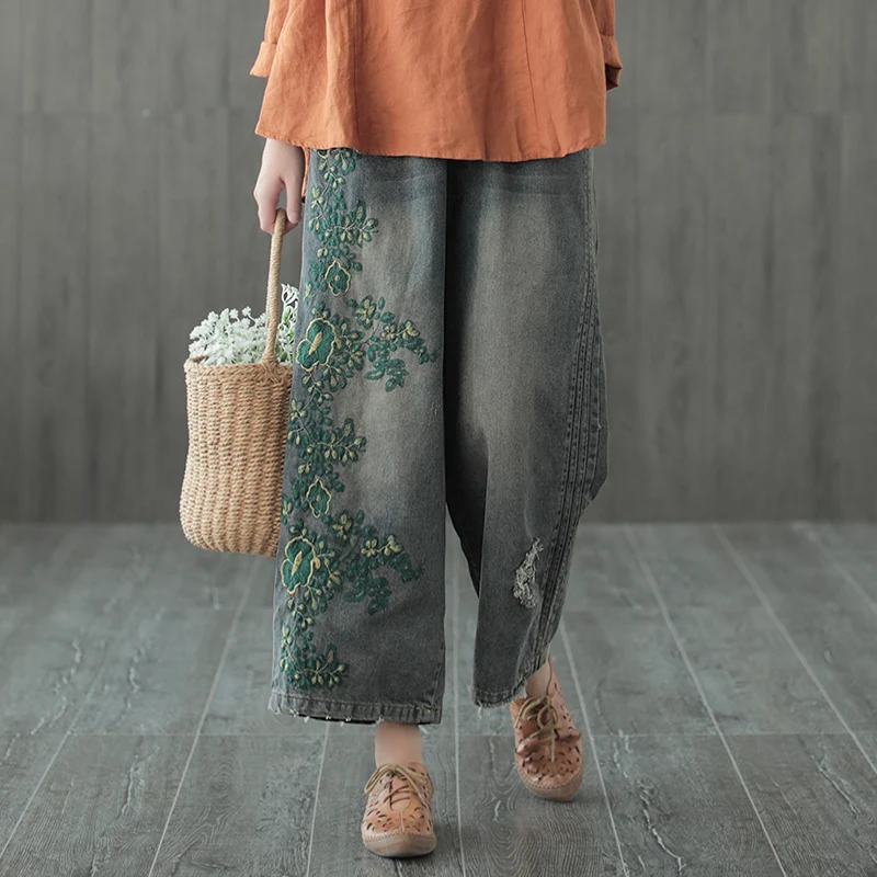 Цветок лоза вышивка ретро джинсовые широкие брюки мотобрюки mori girl 2018 | Женская