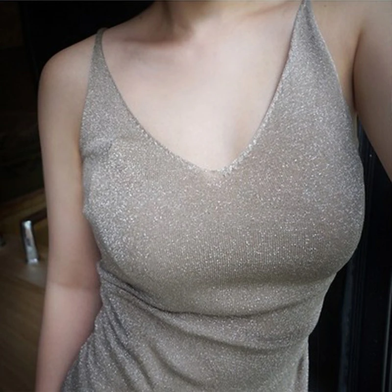 

Sexy Knitted Women Tank Women Gold Thread Tops Vest Sequined V Neck Long Summer Solid Tanks Blusa Silver Camis Fitness Sweater