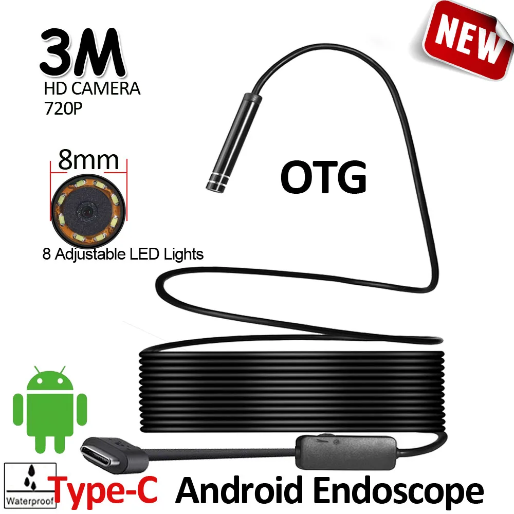 8LED 8mm HD720P 3M USB Type-C Android Endoscope Camera Flexible Snake Hard Wire/Cable USB TypeC Pipe Inspection Camera Borescope
8LED 8mm HD720P 3M USB Type-C Android Endoscope Camera Flexible Snake Hard Wire/Cable USB TypeC Pipe Inspection Camera Borescope