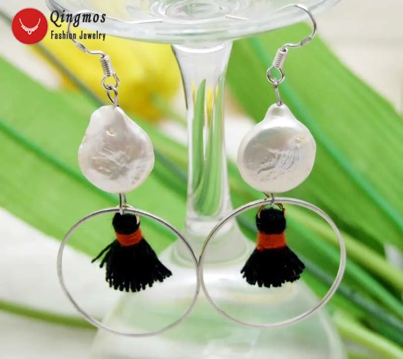 Qingmos Natural Pearl Earrings for Women with 13-14mm White Coin Pearl and Metal Ring Dangle Black Tassel Earring Jewelry Ear638
Qingmos Natural Pearl Earrings for Women with 13-14mm White Coin Pearl and Metal Ring Dangle Black Tassel Earring Jewelry Ear638
