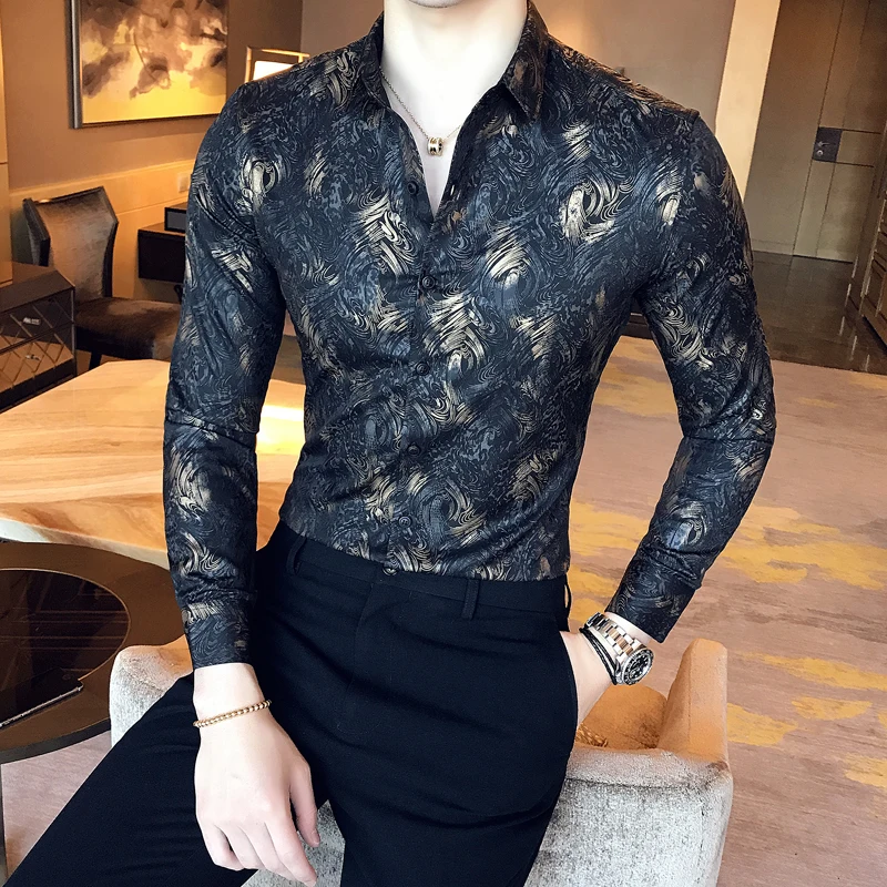 2019 Autumn and Winter New Boutique Fashion Gold Silk Print Men's Casual Long-sleeved Shirts / Slim Leisure Men's Shirts
2019 Autumn and Winter New Boutique Fashion Gold Silk Print Men's Casual Long-sleeved Shirts / Slim Leisure Men's Shirts
