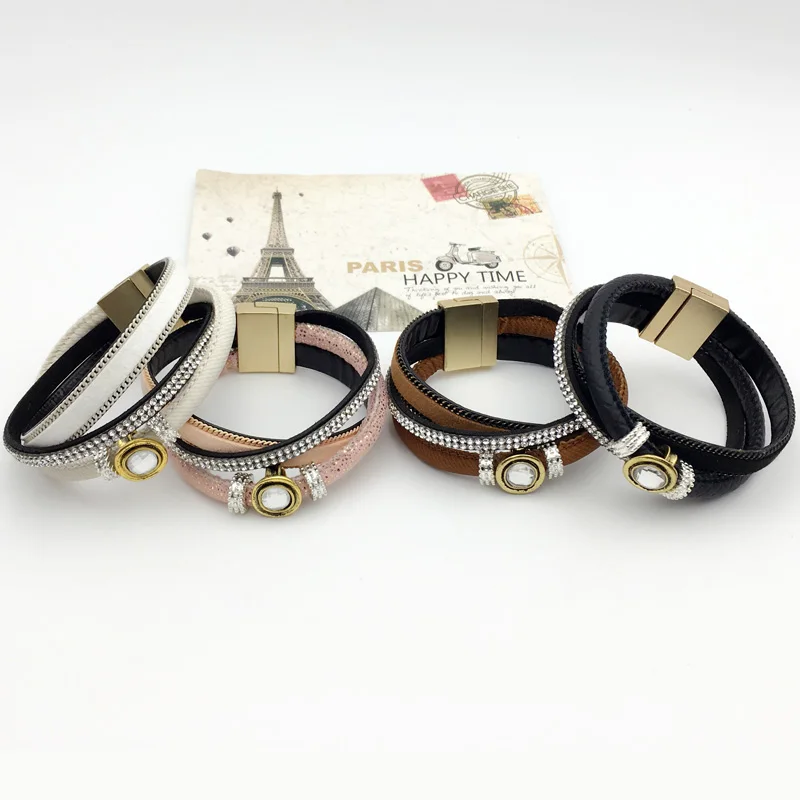 LEMOER Brand 3 Layer Slake Leather Bracelet with Gem Crystal Magnetic Wristband Jewelry for women men Party Pulseras Mujer | Украшения и