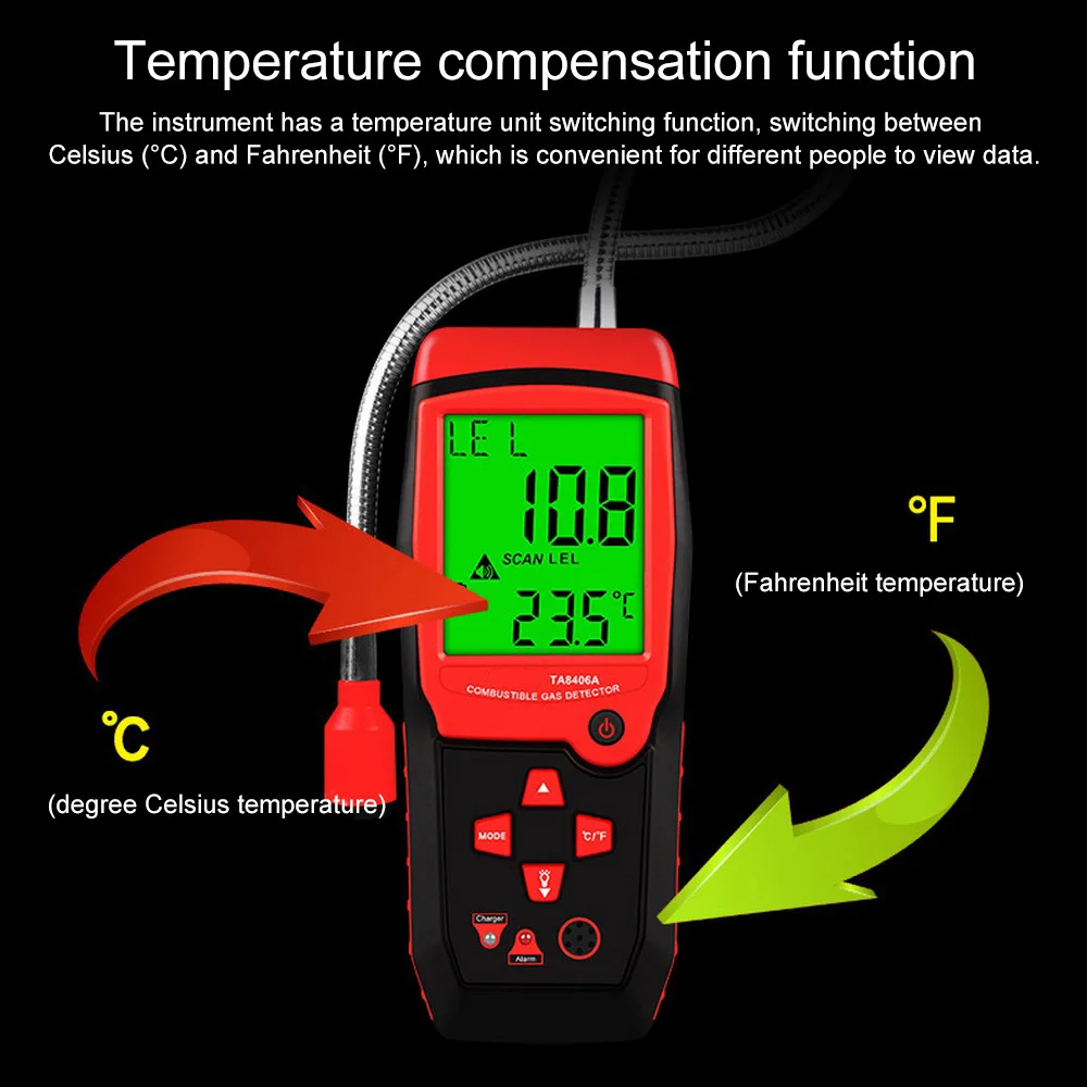 TA8406A Charging Power Handheld Natural Gas Detector Combustible Gas Sniffer Methane Leak Sensor Alarm LED light Alarm Buzzer
TA8406A Charging Power Handheld Natural Gas Detector Combustible Gas Sniffer Methane Leak Sensor Alarm LED light Alarm Buzzer