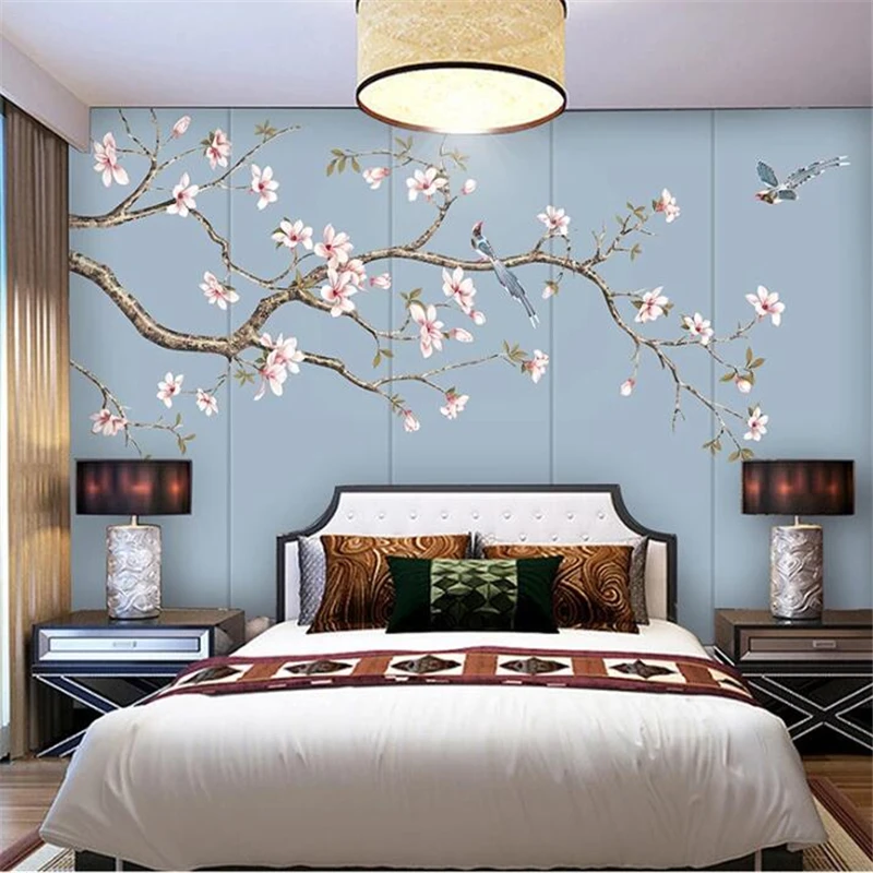 

beibehang Custom wallpaper 3d murals magnolia Chinese style hand-painted pen flowers and birds living room background wall paper