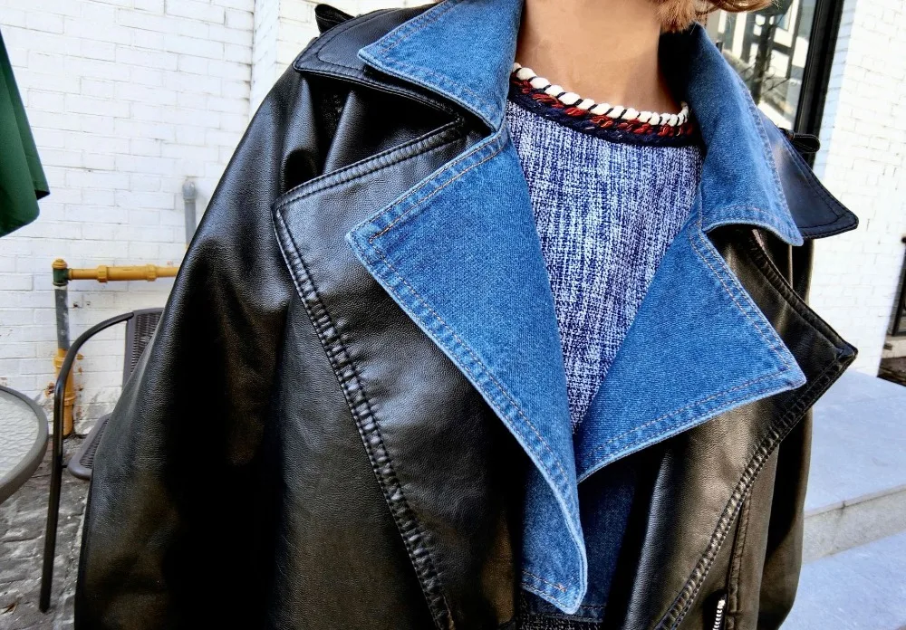 Faux Leather Jacket Women Denim Patchwork Leather Coat Female 2018 New Moto& Biker Turn Collar Women Pu Outwear S-XL
Faux Leather Jacket Women Denim Patchwork Leather Coat Female 2018 New Moto& Biker Turn Collar Women Pu Outwear S-XL