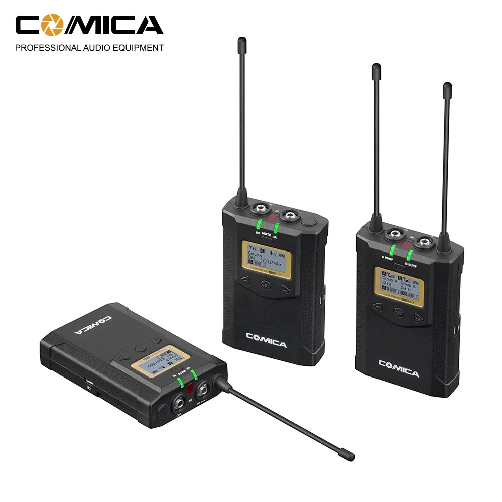 

CoMica CVM-WM100 PLUS UHF 48-канальный беспроводной двойной петличный микрофон для цифровых зеркальных камер Canon Nikon Sony Panasonic