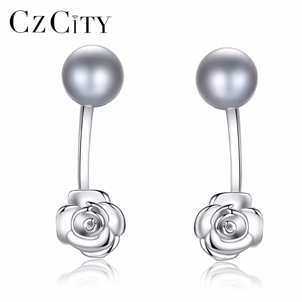 

CZCITY Pearl Earrings 925 Sterling Silver with Tiny Cubic Zirconia Romantic Rose Shape Wedding Jewelry Earrings for Women Gift