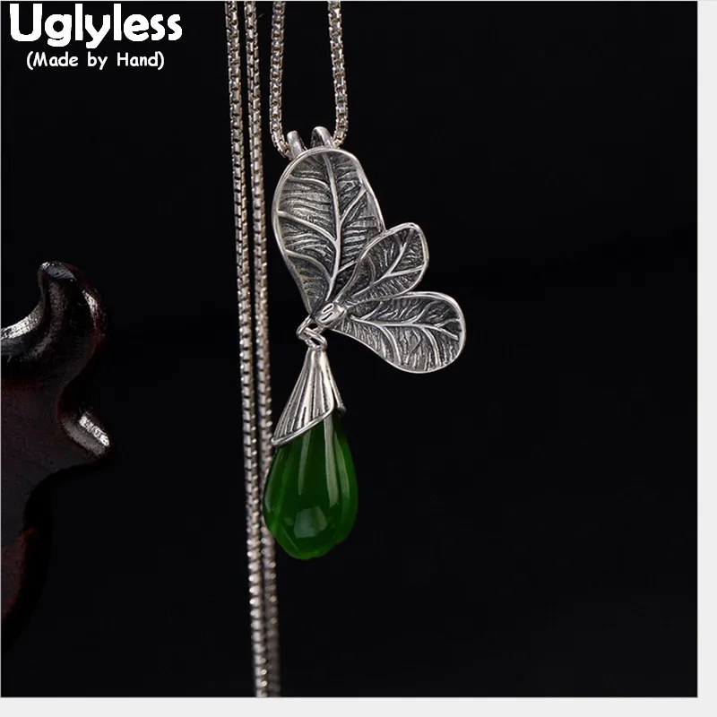 

Uglyless Real Solid 925 Sterling Silver Handmade Thai Silver Leaves Pendants for Women Natural Jade Magnolia Necklaces NO Chains