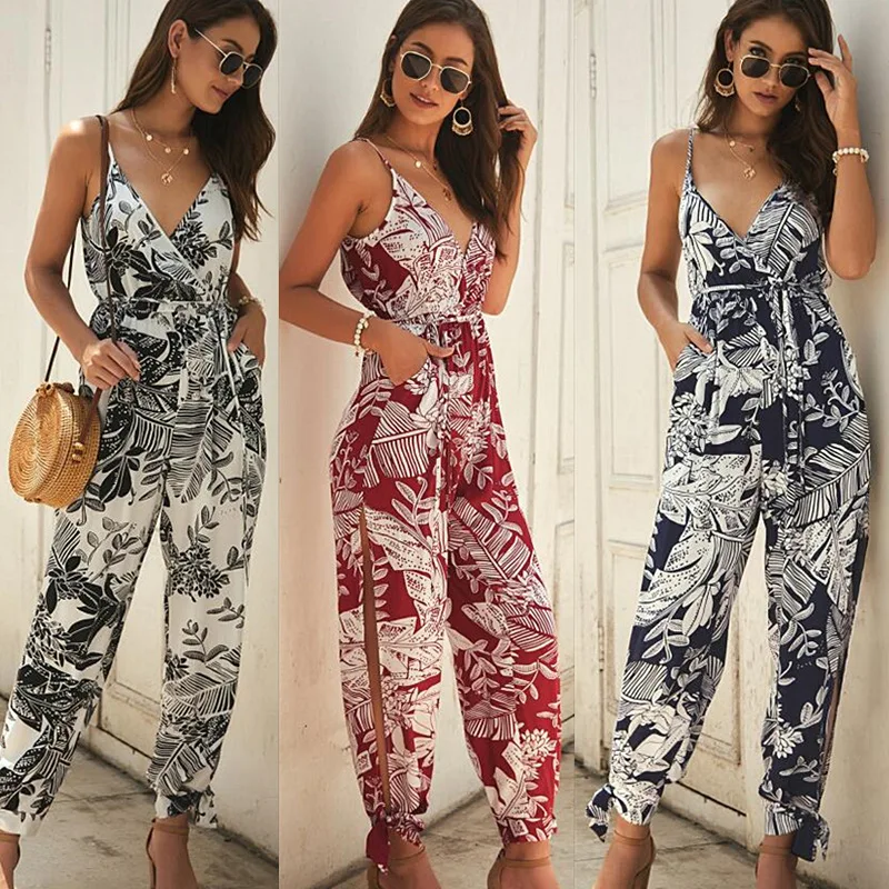 Bohemian Leaf Print Jumpsuit Women Sexy Sleeveless V Neck High Slit Lace Up Summer Rompers Elegant Bandage Long Pants Overalls
Bohemian Leaf Print Jumpsuit Women Sexy Sleeveless V Neck High Slit Lace Up Summer Rompers Elegant Bandage Long Pants Overalls