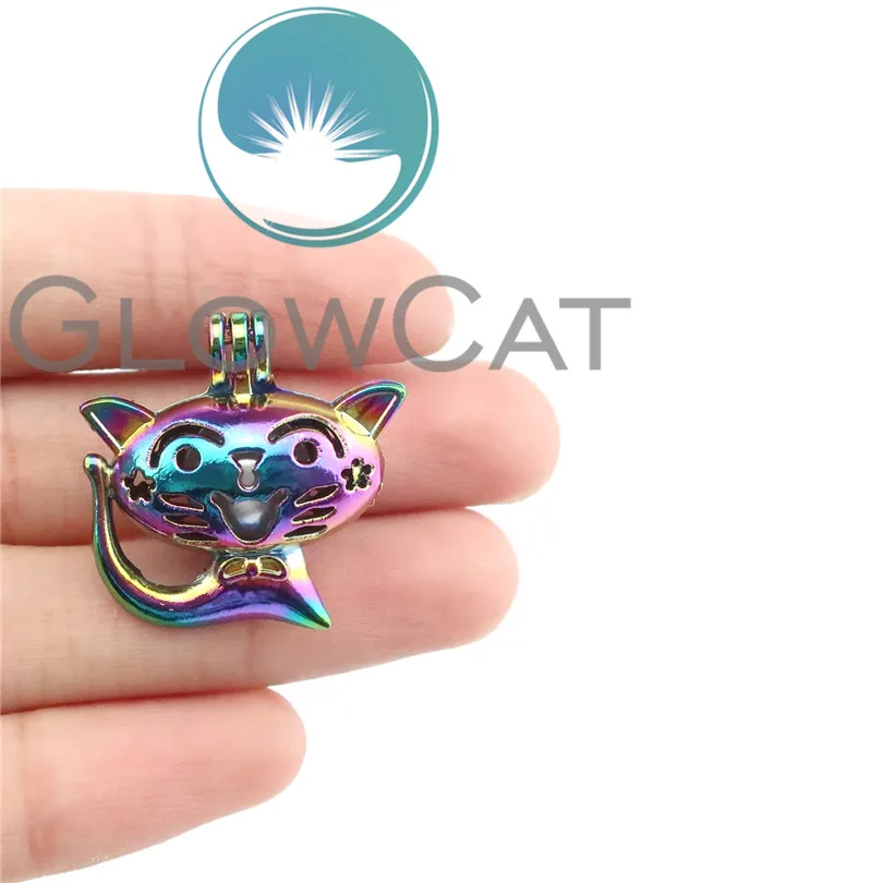 20x CC758 Rainbow Colors Cartoon Cat Stone Beads Cage Jewelry Making Essential Oil Diffuser Pearl Locket Pendant | Украшения и