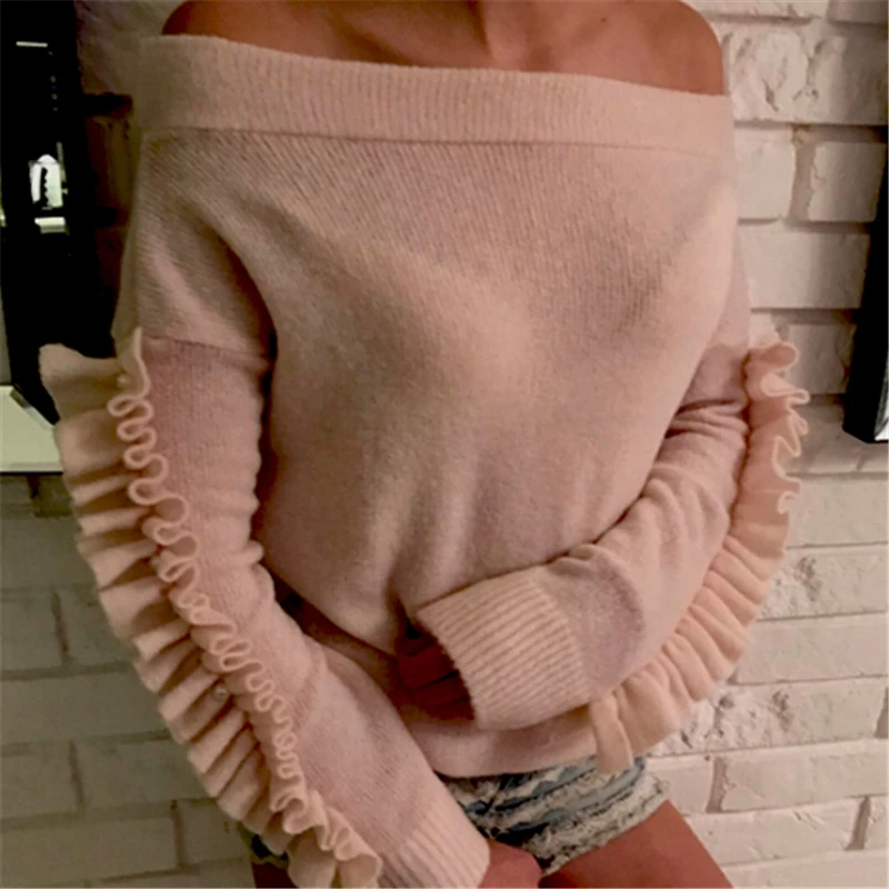 hirigin Women sweater ladies Off Shoulder gray pink long ruffles sleeve Baggy Tops Knitted Oversized Sweater women female 
hirigin Women sweater ladies Off Shoulder gray pink long ruffles sleeve Baggy Tops Knitted Oversized Sweater women female