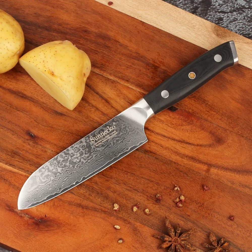 SUNNECKO 5-дюймовый нож Santoku VG10 японский дамасский нож Стальные Кухонные ножи острое лезвие 60HRC G10 шлифовальная ручка режущие инструменты
SUNNECKO 5-дюймовый нож Santoku VG10 японский дамасский нож Стальные Кухонные ножи острое лезвие 60HRC G10 шлифовальная ручка режущие инструменты