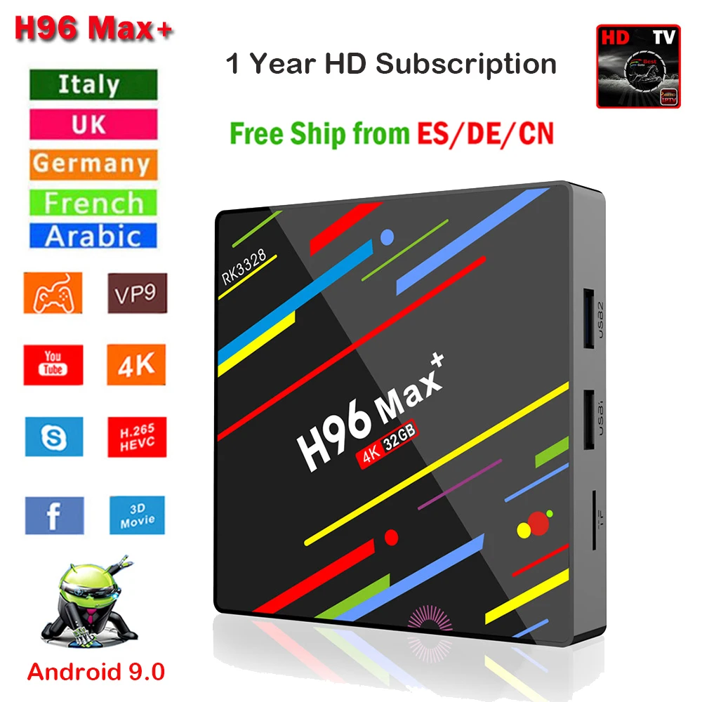 1 год подписки H96 Max Plus Android 9 0 4G ram 32G rom RK3328 четырехъядерный процессор + 4 K 1080 P HD 2 WiFi USB