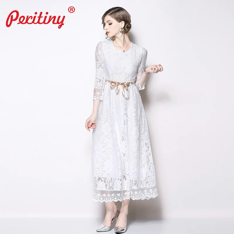 Peritiny белый Кружево платье однотонное Vestidos ботильоны Длина лента ремня тонкий