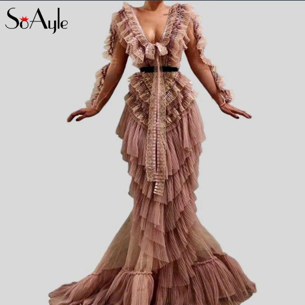 SoAyle Evening Dresses Deep V-Neck Mermaid Prom Dresses for Women Lace Long Sleeves Ruffles Tiered Robe de Soiree New Design
SoAyle Evening Dresses Deep V-Neck Mermaid Prom Dresses for Women Lace Long Sleeves Ruffles Tiered Robe de Soiree New Design
