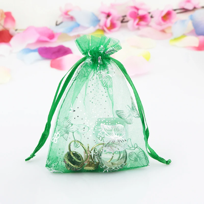

100 шт./лот 7x9 см зеленые сумки из органзы, серебряные подарочные пакеты с принтом бабочки, мешочки для украшений, свадебные подарочные пакеты ...