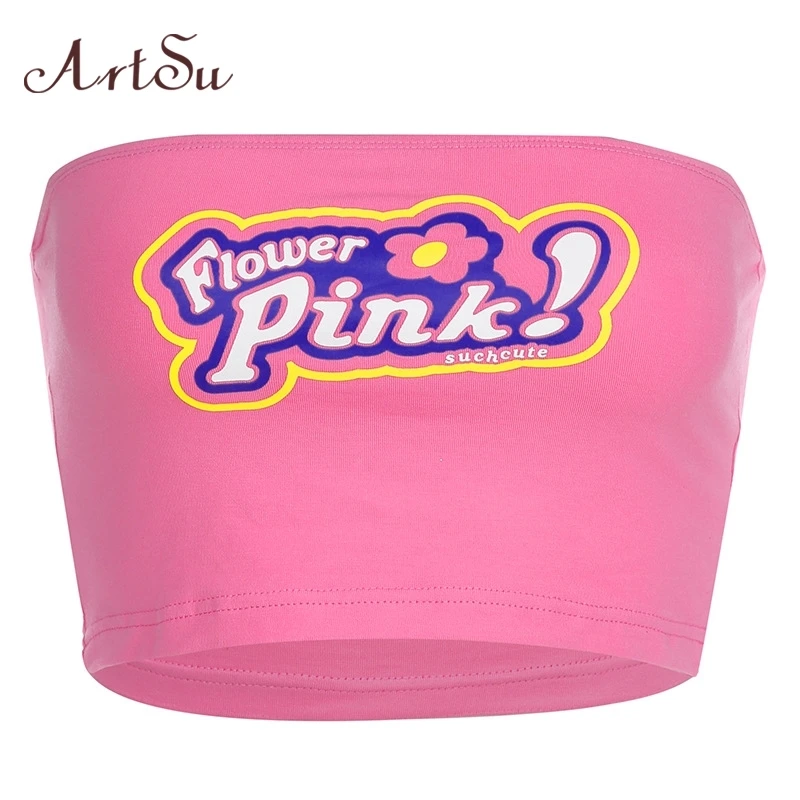 Женский укороченный Топ без бретелек ArtSu розовый топ рукавов с принтом и открытой