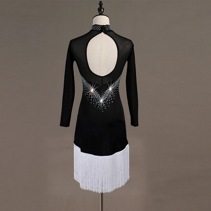 New Latin Dance Dress Sparkly Diamond Black Backless White Tassel Long Sleeve Women/Ladies Rumba/Samba/Tango DQL263 | Тематическая