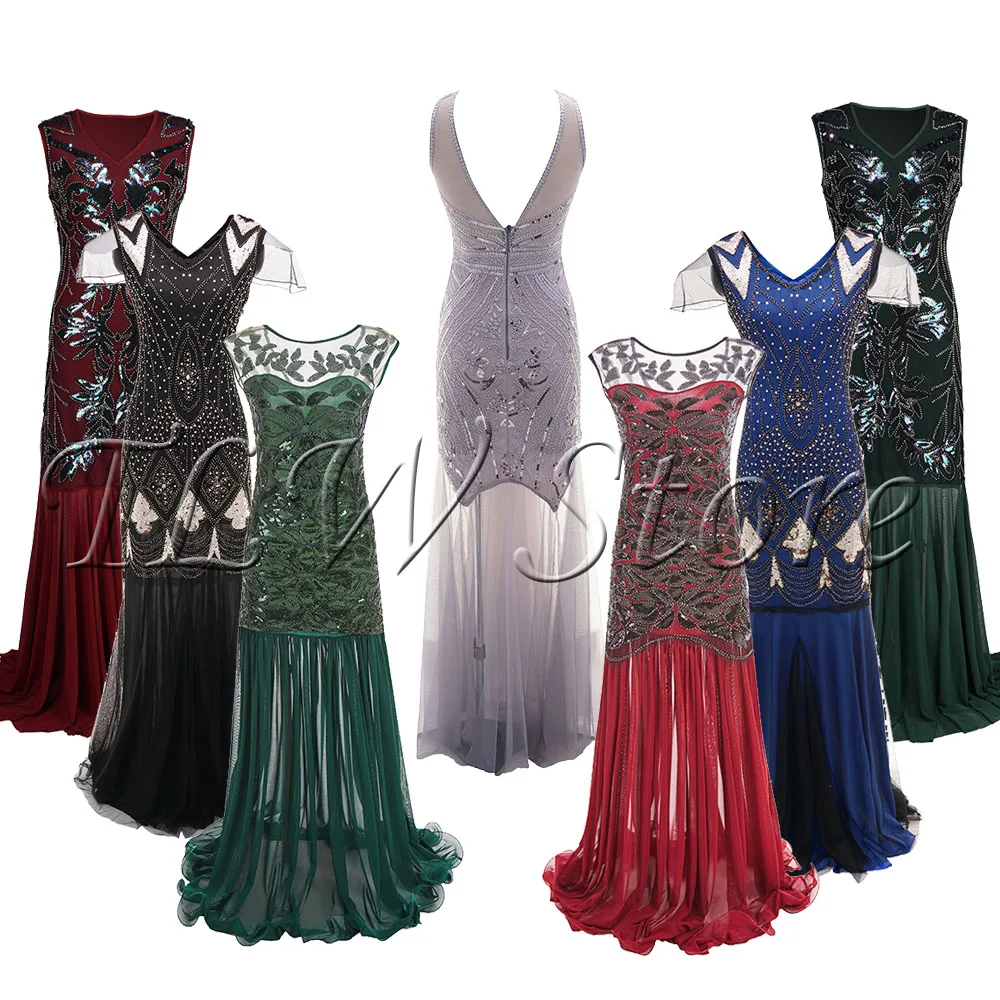 Фото Женское винтажное платье с бусинами и сеткой в стиле пэчворк длинное оборками