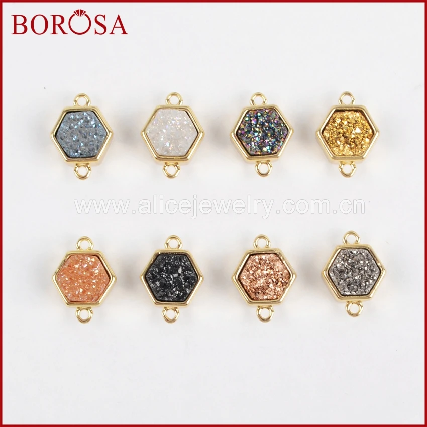 BOROSA 10PCS Hexagon Gold Color Bezel Natural Stone Titanium Rainbow Druzy Connector Double Bails for Jewelry Making ZG0138
BOROSA 10PCS Hexagon Gold Color Bezel Natural Stone Titanium Rainbow Druzy Connector Double Bails for Jewelry Making ZG0138