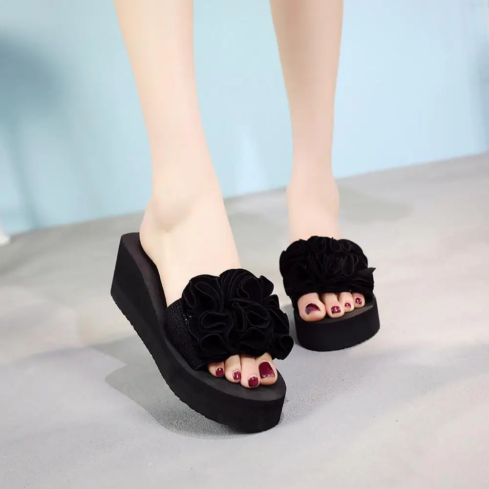 Chaussures Femme модные летние женские вьетнамки на танкетке с бантом и цветком пляжные
