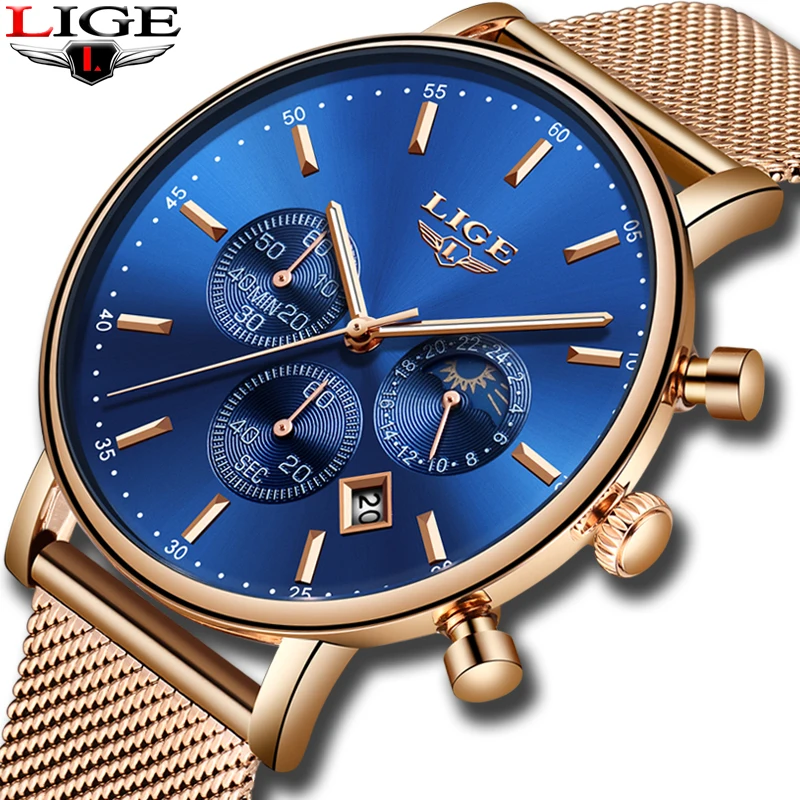 LIGE Women Fashion Gold Blue Quartz Watch Lady Mesh Watchband High Quality Casual Waterproof Wristwatch Gift Moon Phase clock
LIGE Women Fashion Gold Blue Quartz Watch Lady Mesh Watchband High Quality Casual Waterproof Wristwatch Gift Moon Phase clock