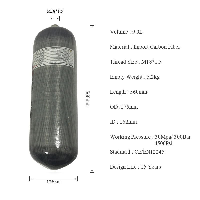 

AC1090 9L CE Pcp Air Tank Scuba Diving Tank Hpa 30Mpa 4500psi Carbon Fiber Cylinder for Pcp Air Rifle Airforce Condor Acecare
