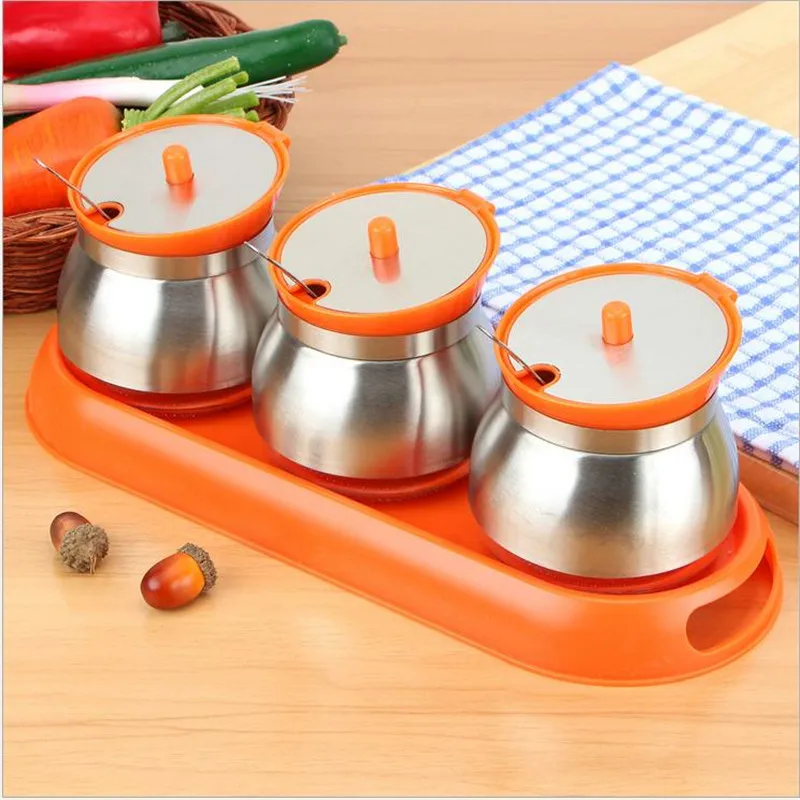 

Kitchen Supplies Stainless Steel Condiment Pot&Spice Container Salt Sugar Serving Jars seasoning pot combination with spoons