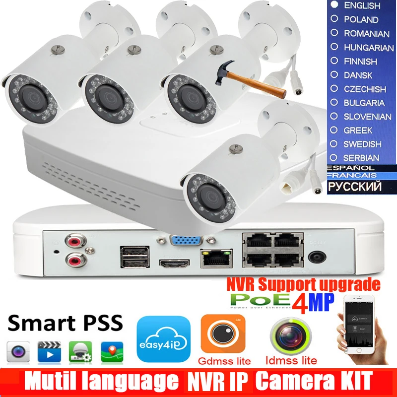 mutil language 4CH 4K H.265 4ch POE DHI-NVR4104-P-4KS2 IP security camera kit with IPC-HFW4421S 4MP bullet Waterproof camera
mutil language 4CH 4K H.265 4ch POE DHI-NVR4104-P-4KS2 IP security camera kit with IPC-HFW4421S 4MP bullet Waterproof camera