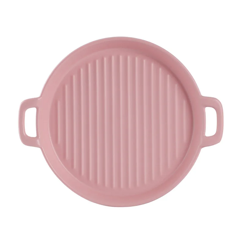 European creative round baking tray home use matte glaze ceramic plate vegetable dinner plate western food plate with handle
European creative round baking tray home use matte glaze ceramic plate vegetable dinner plate western food plate with handle