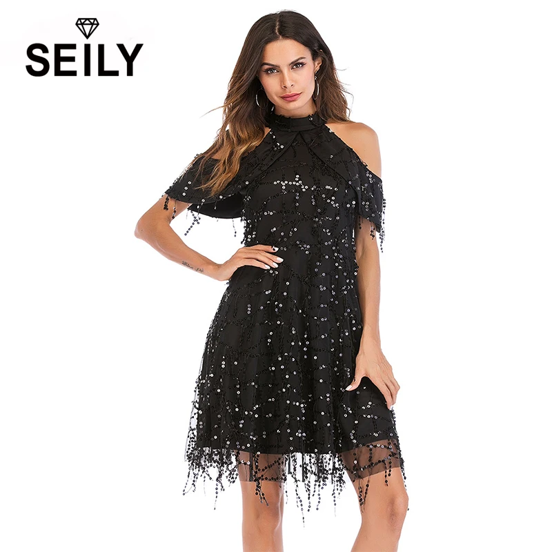 Seily Luxury Sparkly Off Shoulder Christmas Party Club Mini Dress Women Black Shiny Sequin Tassel Halter Special Occasion Dress
Seily Luxury Sparkly Off Shoulder Christmas Party Club Mini Dress Women Black Shiny Sequin Tassel Halter Special Occasion Dress
