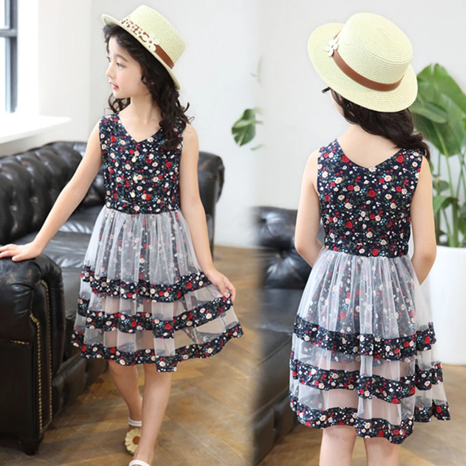 Летние платья для девочек Детское летнее платье с цветочным узором праздничное