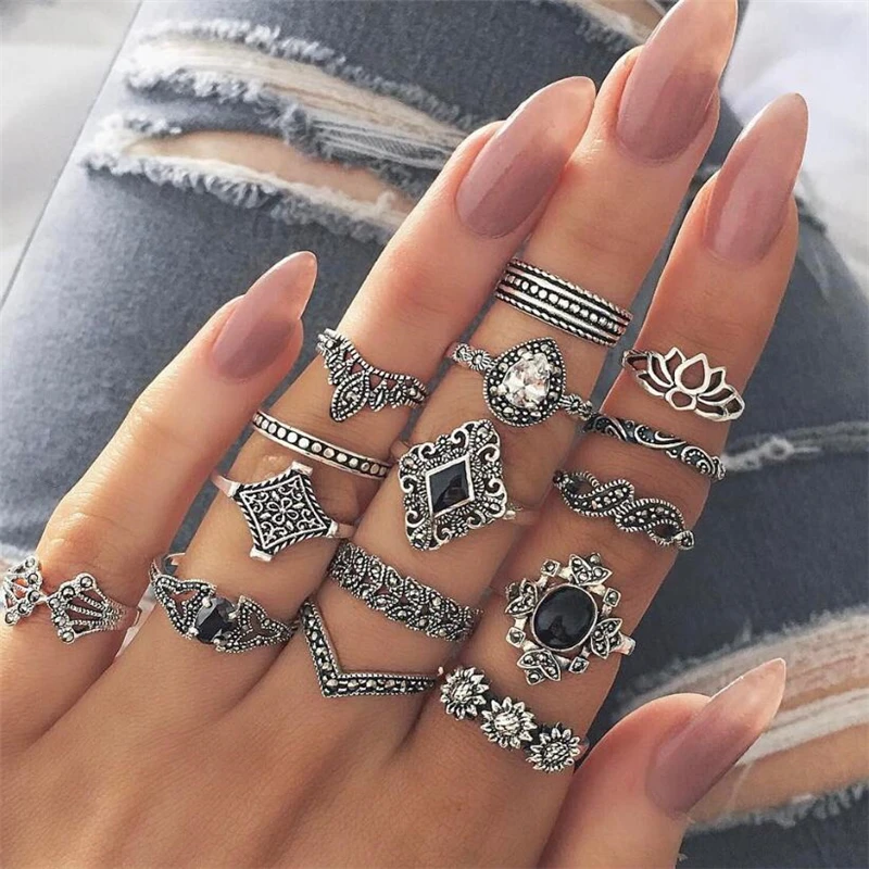 One/set Bohemian Retro Crystal Flower Leaves Hollow Lotus Round Silver Color Ring 15 pcs Women Wedding Party Anniversary Gift
One/set Bohemian Retro Crystal Flower Leaves Hollow Lotus Round Silver Color Ring 15 pcs Women Wedding Party Anniversary Gift