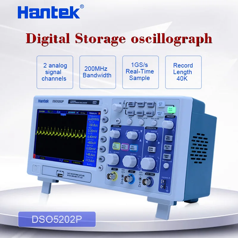 Hantek DSO5202P Digital Oscilloscope 200MHz 2 Channels 1GSa/s 7" TFT LCD Record Length 40K USB AC110-220V Desktop osciloscope
Hantek DSO5202P Digital Oscilloscope 200MHz 2 Channels 1GSa/s 7" TFT LCD Record Length 40K USB AC110-220V Desktop osciloscope