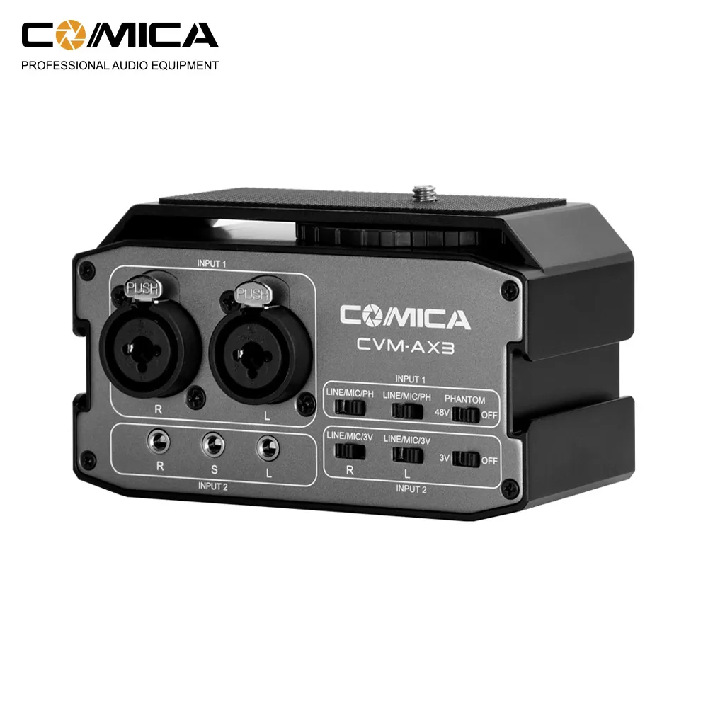 Адаптер для аудиомиксера CoMica CVM-AX3 XLR, предусилитель, двойной XLR/6,35 мм/3,5 мм Mics, аудиомиксер для цифровых зеркальных камер Canon, Nikon, Sony
Адаптер для аудиомиксера CoMica CVM-AX3 XLR, предусилитель, двойной XLR/6,35 мм/3,5 мм Mics, аудиомиксер для цифровых зеркальных камер Canon, Nikon, Sony