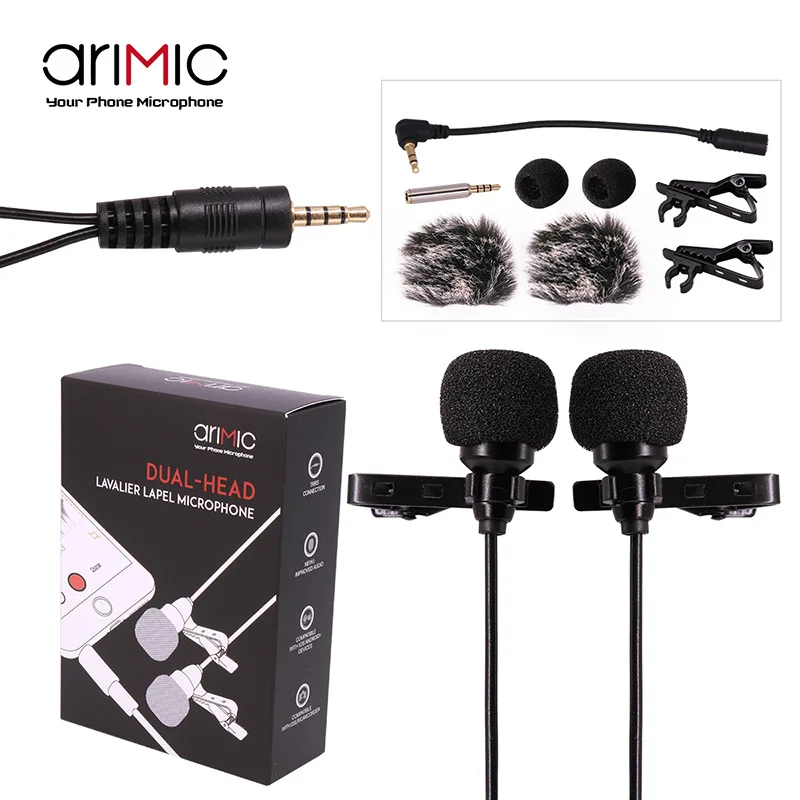 Arimic two people use live mobile phone collar clip microphone recording double head interview microphone with Furry Windshields
Arimic two people use live mobile phone collar clip microphone recording double head interview microphone with Furry Windshields