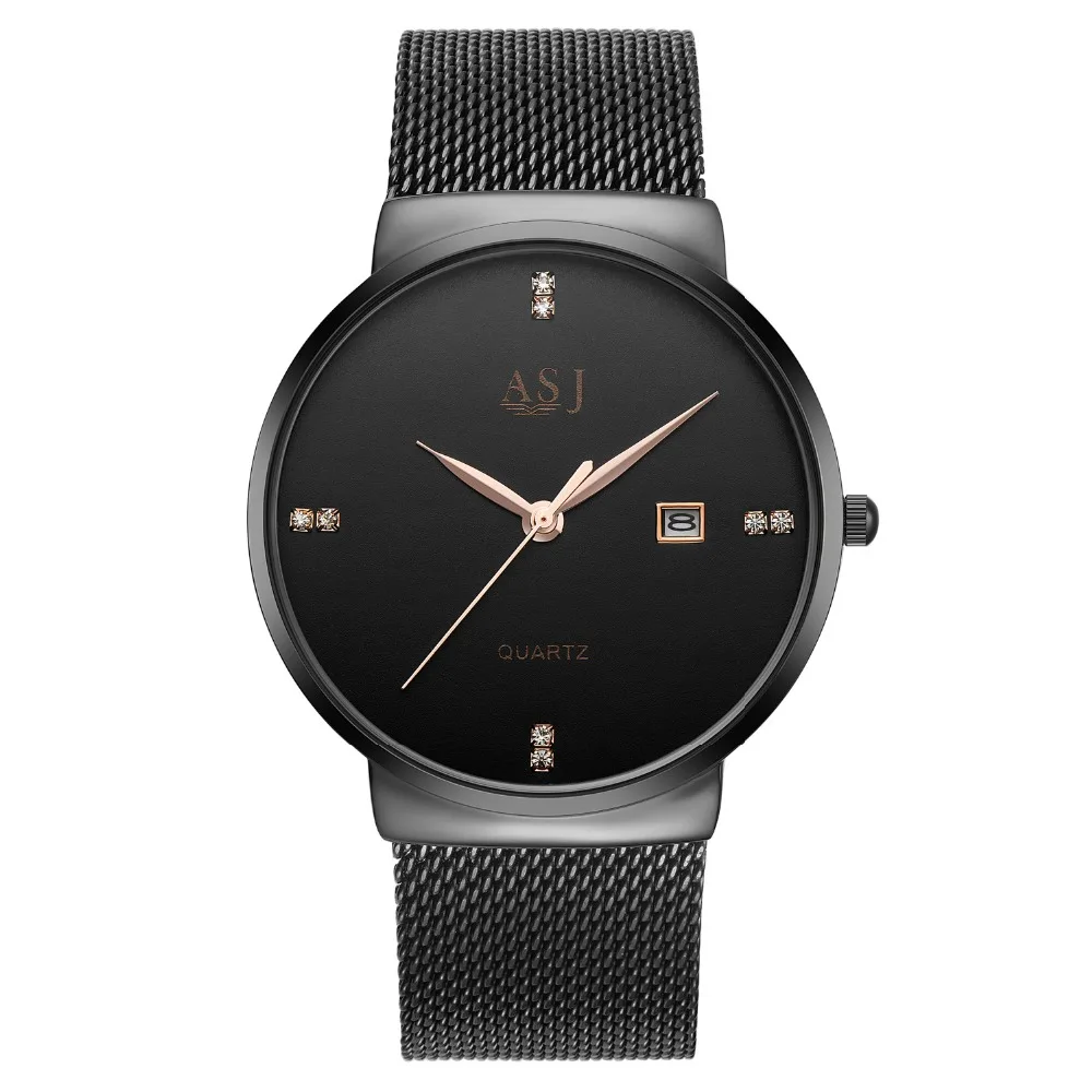 

2019 ASJ Men's Watches Luxury Brand Business Watch Black Quartz Wristwatch Waterproof Steel Milanese Strap Calendar Thin Clock