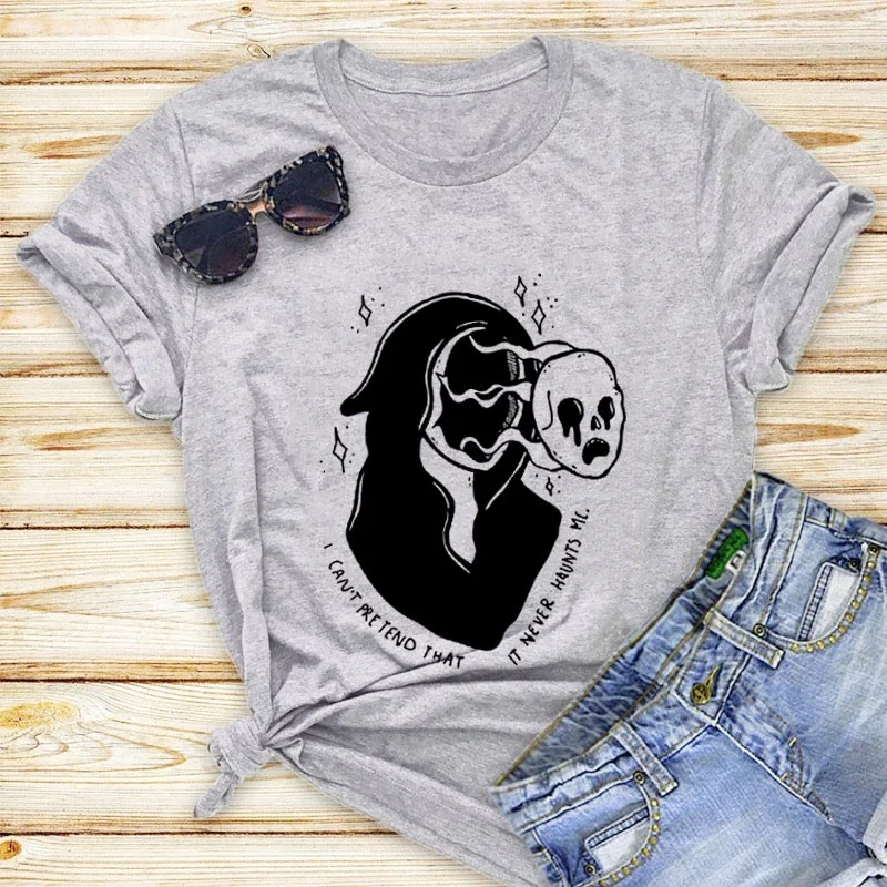 

I Can't Pretend Never Haunts Me Slogan T Shirt Gothic Punk Style Skeleton Grunge Shirt horror women graphic cotton casual tees