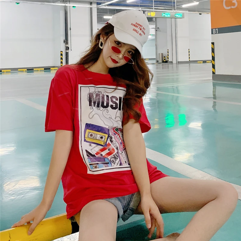 Летняя новая Однотонная рубашка Harajuku с шикарным принтом Музыка CD Плюс Размер
