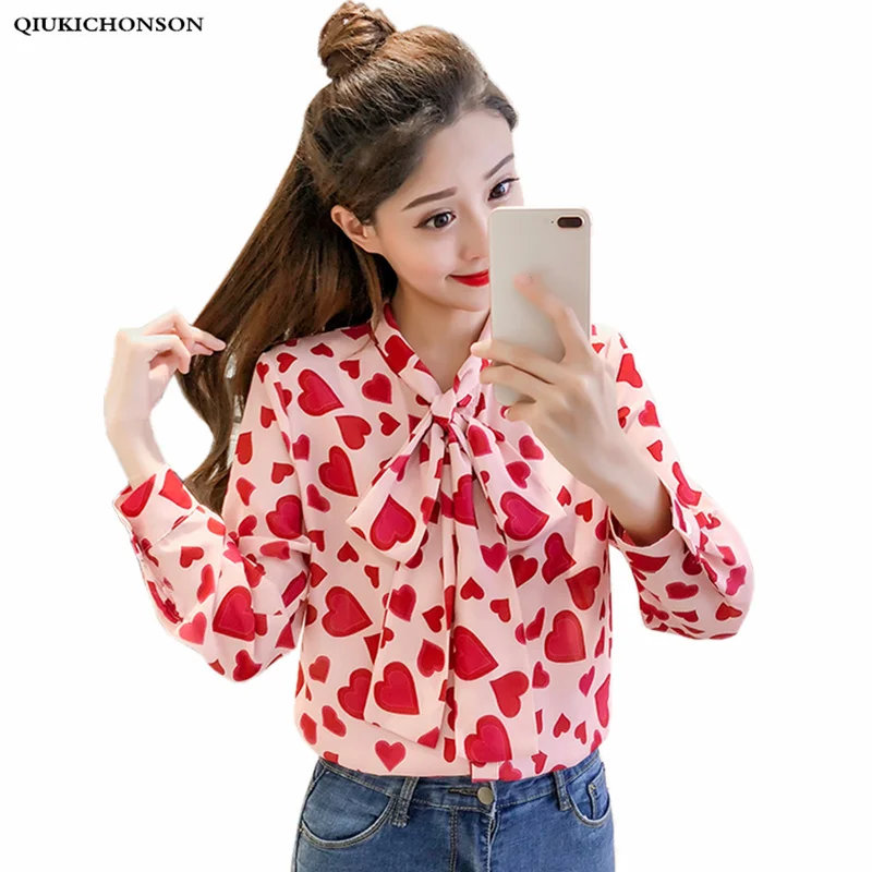 Spring Summer Long Sleeve Blouse Women Korean Fashion Elegant Bow Collar Kawaii Heart Print Chiffon Shirt Pink Ladies Tops
Spring Summer Long Sleeve Blouse Women Korean Fashion Elegant Bow Collar Kawaii Heart Print Chiffon Shirt Pink Ladies Tops