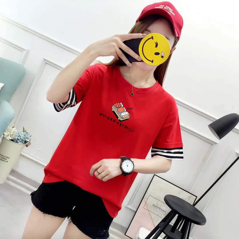 Summer Women's Tops Crewneck Cartoon Sushi Print T Shirt Kpop Short-sleeved Patchwork Korean Style Harajuku Fashion Cotton Tees
Summer Women's Tops Crewneck Cartoon Sushi Print T Shirt Kpop Short-sleeved Patchwork Korean Style Harajuku Fashion Cotton Tees