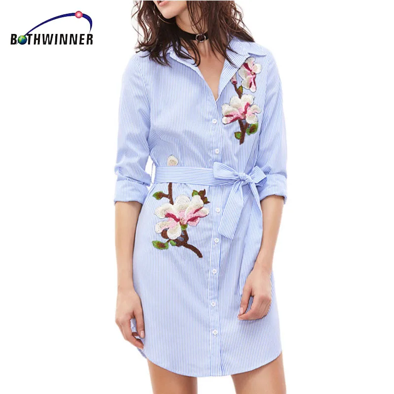 Женское платье рубашка с длинным рукавом в полоску|embroidery dress|shirt dressdress blue |
