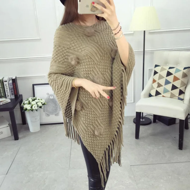 Пальто накидка Femme Knit Batwing с v образным вырезом Прямая поставка пончо кисточками