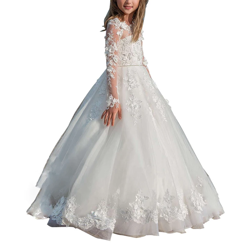 Белое вечернее платье для девочек с длинным рукавом цветочным принтом первого