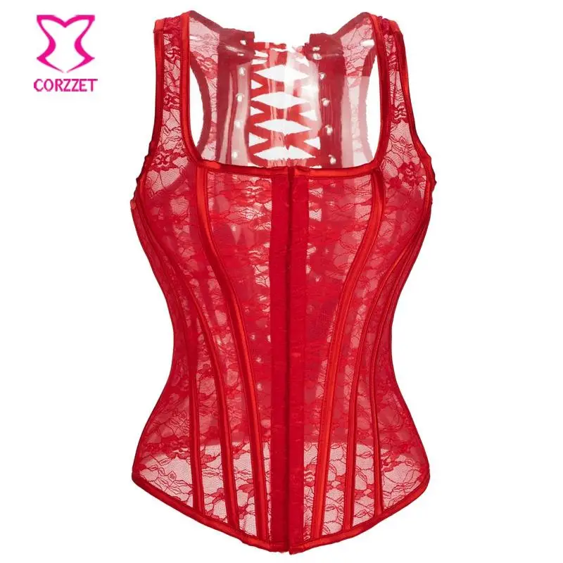 

Red Lace U-neck Vest Corset Sexy Gothic Lace Up Overbust Waist Trainer Bustier Women White Victoria Lingerie Corselet Burlesque